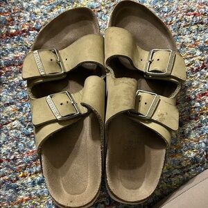 Birkenstock Beige Suede Sandals with Silver Buckles